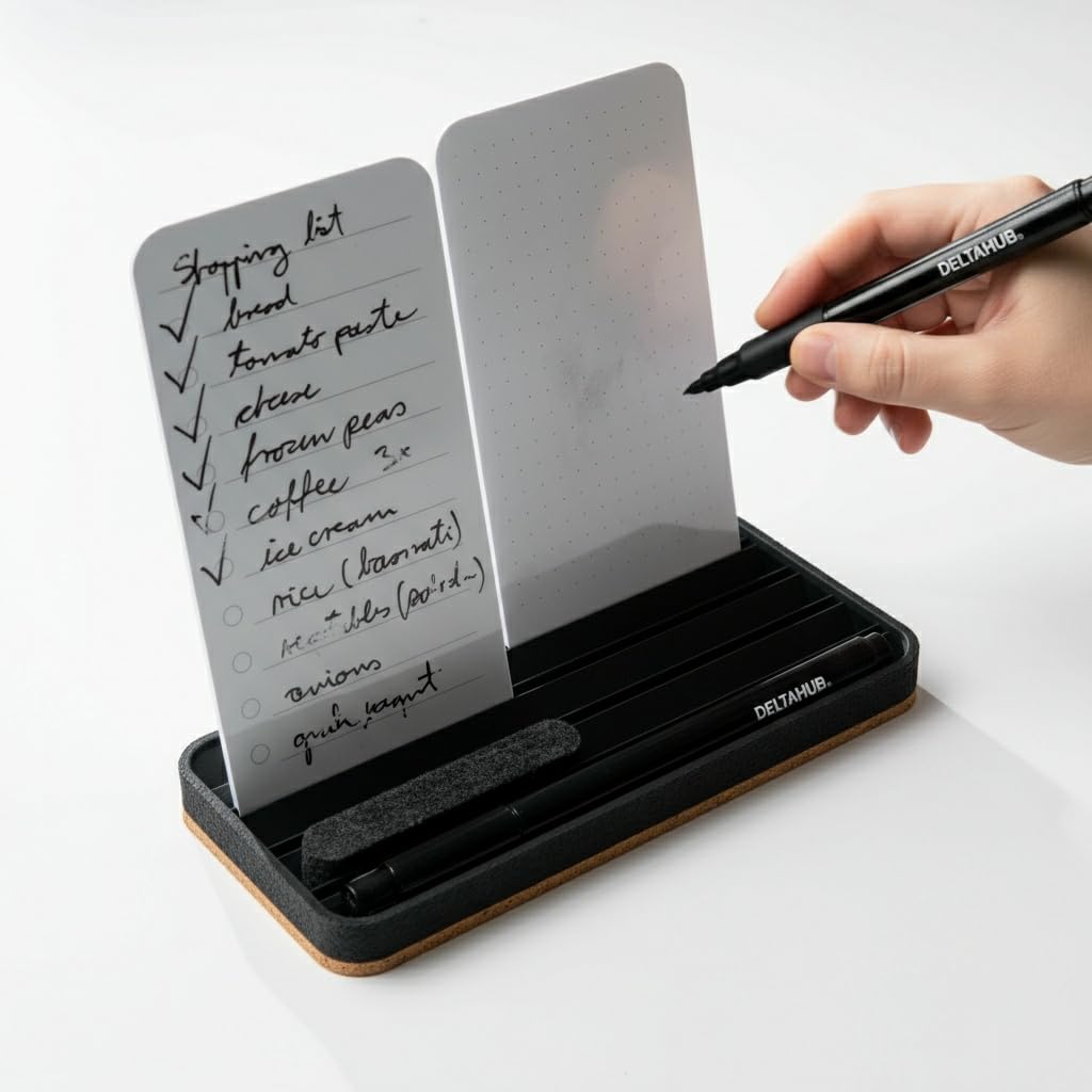DeltaHub Reusable To-Do List for Desk - Dry Erase Daily Planner with 2 Cards, Marker & Eraser - Minimalist Desktop Organizer for Office, Work from Home - Analog Productivity Tool (White)