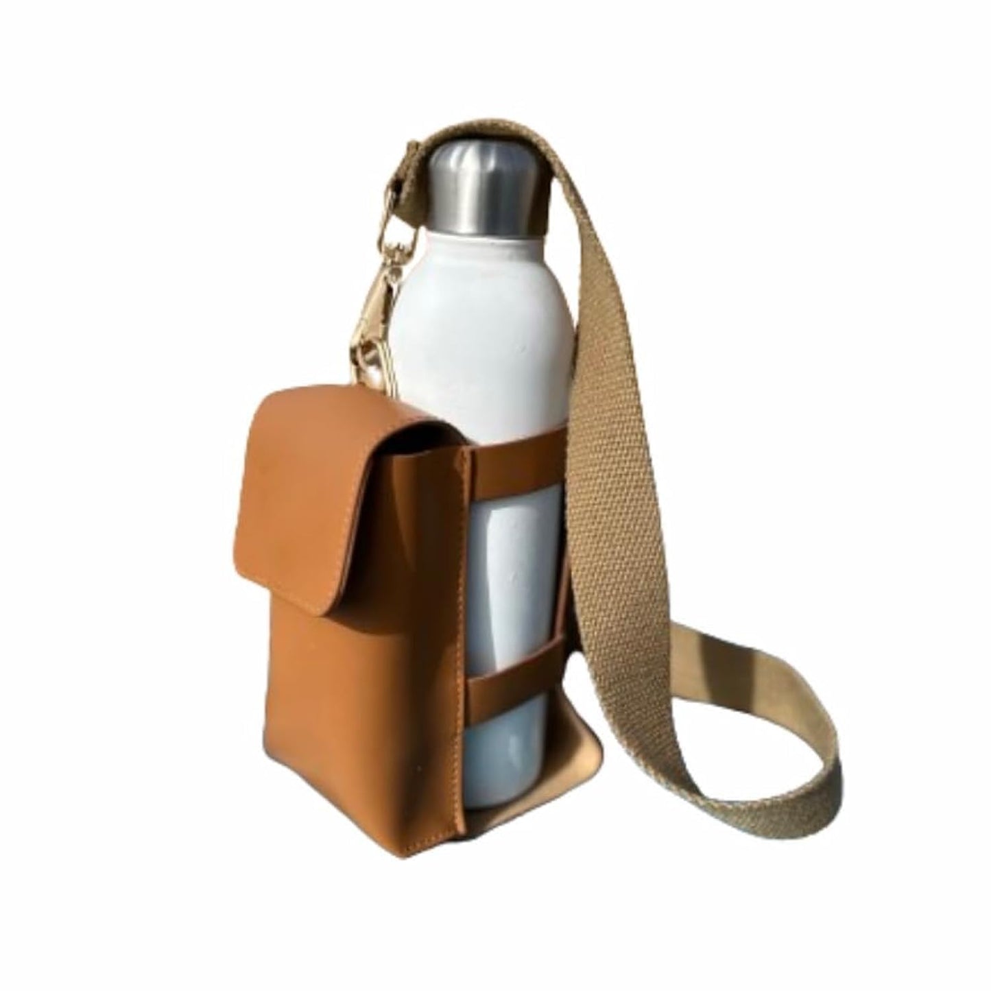 Leiky Life Fashion Leather Water Bottle Phone Bag with Pocket Strap Keyring Magnet Closure Compatible to 27oz (Brown)
