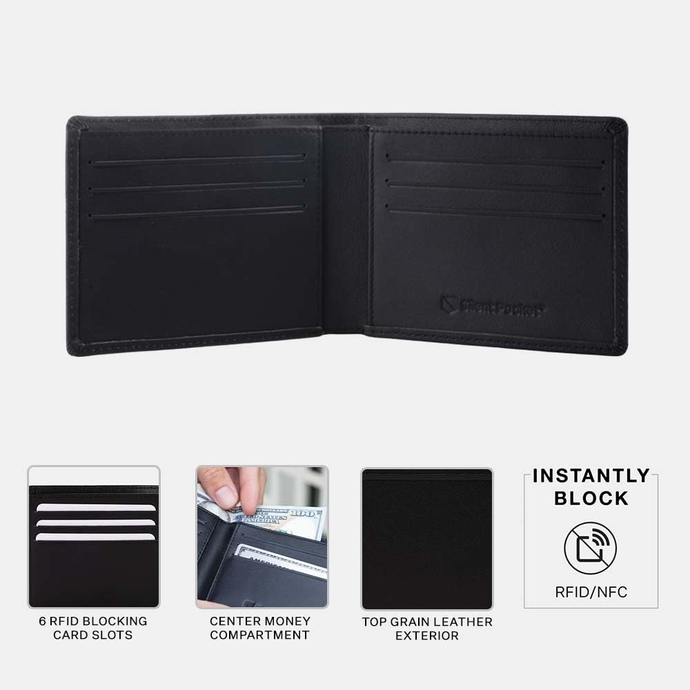 SLNT Napa Leather RFID & NFC Signal Blocking Bi-Fold Wallet - Secure Your Information, Prevent Hacking & Identity Theft - 6 Card Slots & Large Money Pocket - Slim Profile, Great for Travel (Jet Black)