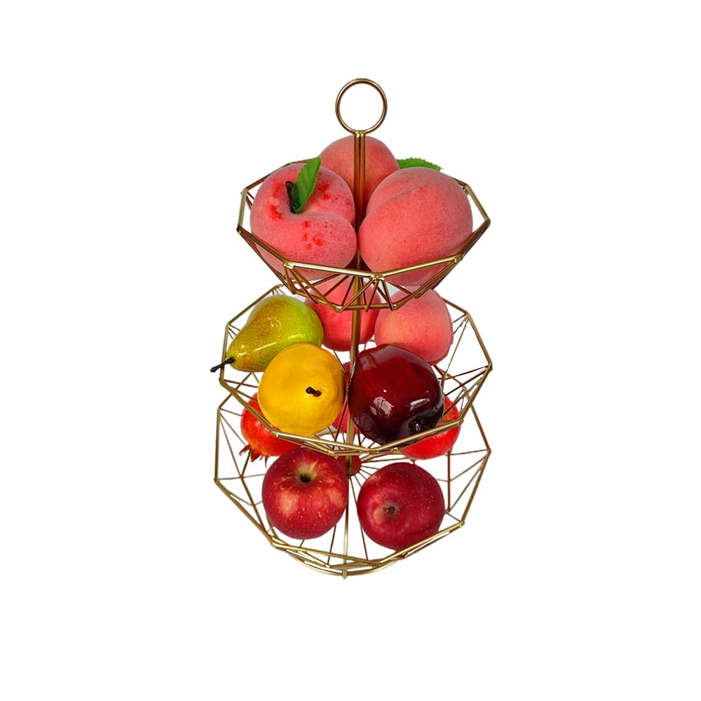 3 Tier Fruit Basket Bowl Stand for Kitchen Counter, Tiered Metal Wire Serving Stand Holder, Vegetable Storage Basket Organizer Trays, Detachable Multi Layer Snack Food Dessert Display Stand (Gold)