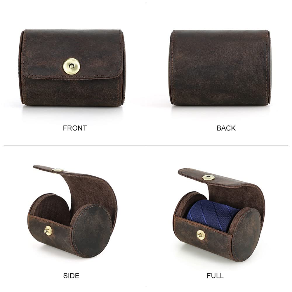 CONTACTS Tie Travel Holder for Men Crazy Horse Leather Handmade Ties Case Small Neckties Organizer Mens Tie Anti Wrinkle Storage Roll