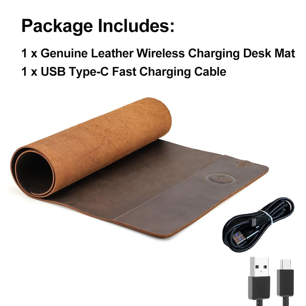 Contacts Full Grain Leather Wireless Charging Desk Mat with 15W Wireless Charger Type C Chargering Port Computer Desk Pad Large Mouse Pad 80x40 cm