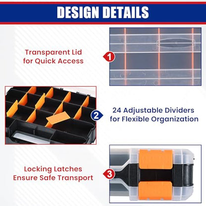 Small Parts Organizer, Hardware Organizer Box, 2 Pack Double Side 34 Compartments Hardware Organizers with Removable Plastic Dividers for Screws Nuts Nails Bolts