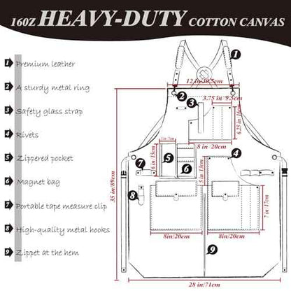 Woodworking Apron, Tool Apron, Canvas, Multiple Pockets, Adjustable Zipper, Metal Ring, Tape Measure Clip, Plus Size, Black.