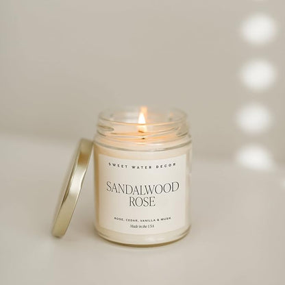 Sweet Water Decor Sandalwood Rose Candle - Green, Leafy, Winey, Rose and Guaiac Wood Scented Soy Floral Candles for Home - 9oz Clear Jar + Gold Lid, 40+ Hour Burn Time, Made in The USA