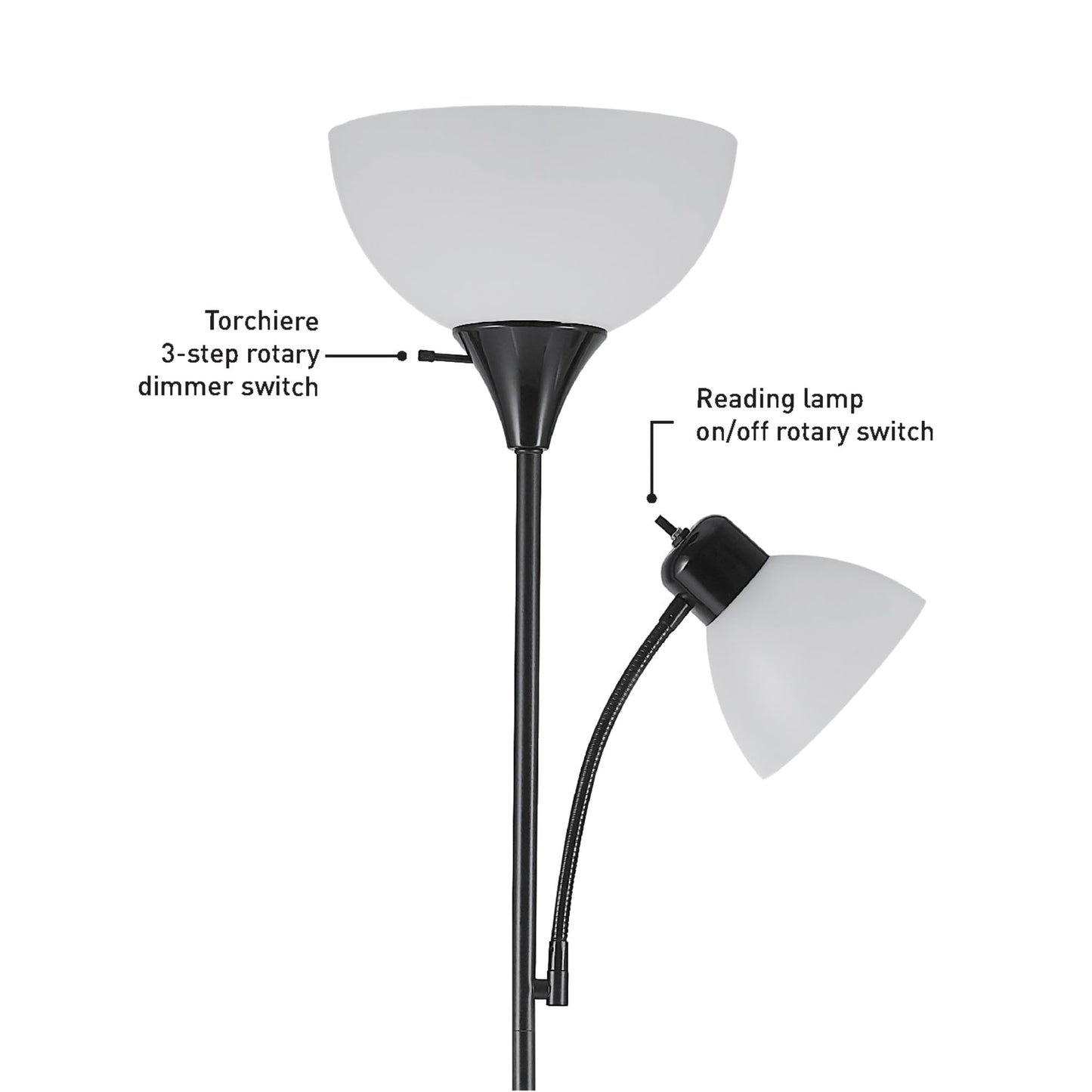 Globe Electric 67135 72" Torchiere Floor Lamp and Adjustable Reading Light, Matte Black, Frosted Shade, Dual Rotary Switch, 3-Step Dimming, Modern Lighting for Living Room or Office