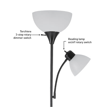 Globe Electric 67135 72" Torchiere Floor Lamp and Adjustable Reading Light, Matte Black, Frosted Shade, Dual Rotary Switch, 3-Step Dimming, Modern Lighting for Living Room or Office