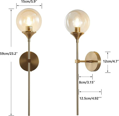 KCO Mid-Century Modern Wall Mounted Sconces Set of 2 Amber Glass Globe Wall Lamps with Long Arm Industrial Gold Wall Lights Fixture for Bedroom Bedside Stairway Hallway