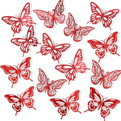 72Pcs 3D Butterfly Wall Decor - 3 Sizes, 3 Styles - Removable Butterfly Wall Stickers for Kids Nursery, Wedding, Bedroom & Room Decor (Red)