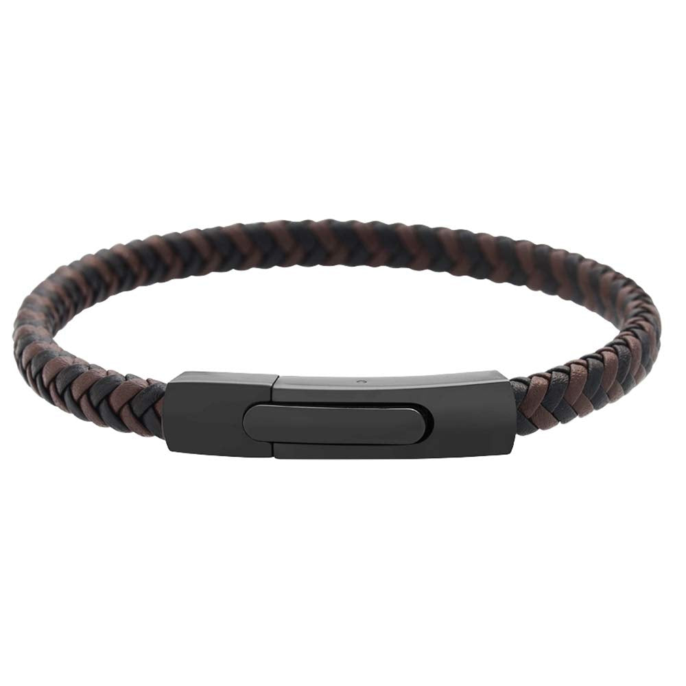 Geoffrey Beene Men's Braided Genuine Leather Fashion Bangle Bracelet with Stainless Steel Clasp (Brown)