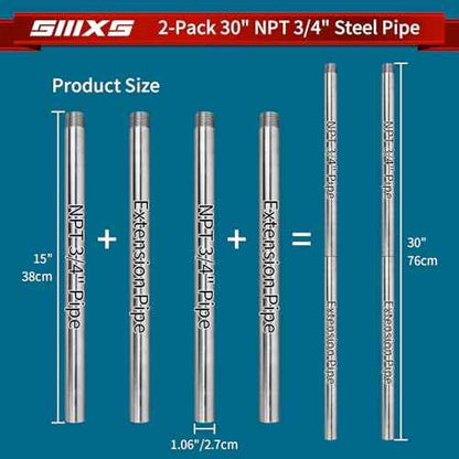 2-Pack 3/4"X30" Heavy Duty Metal Pipe with stardard NPT 3/4" thread Fit for Pipe Clamps