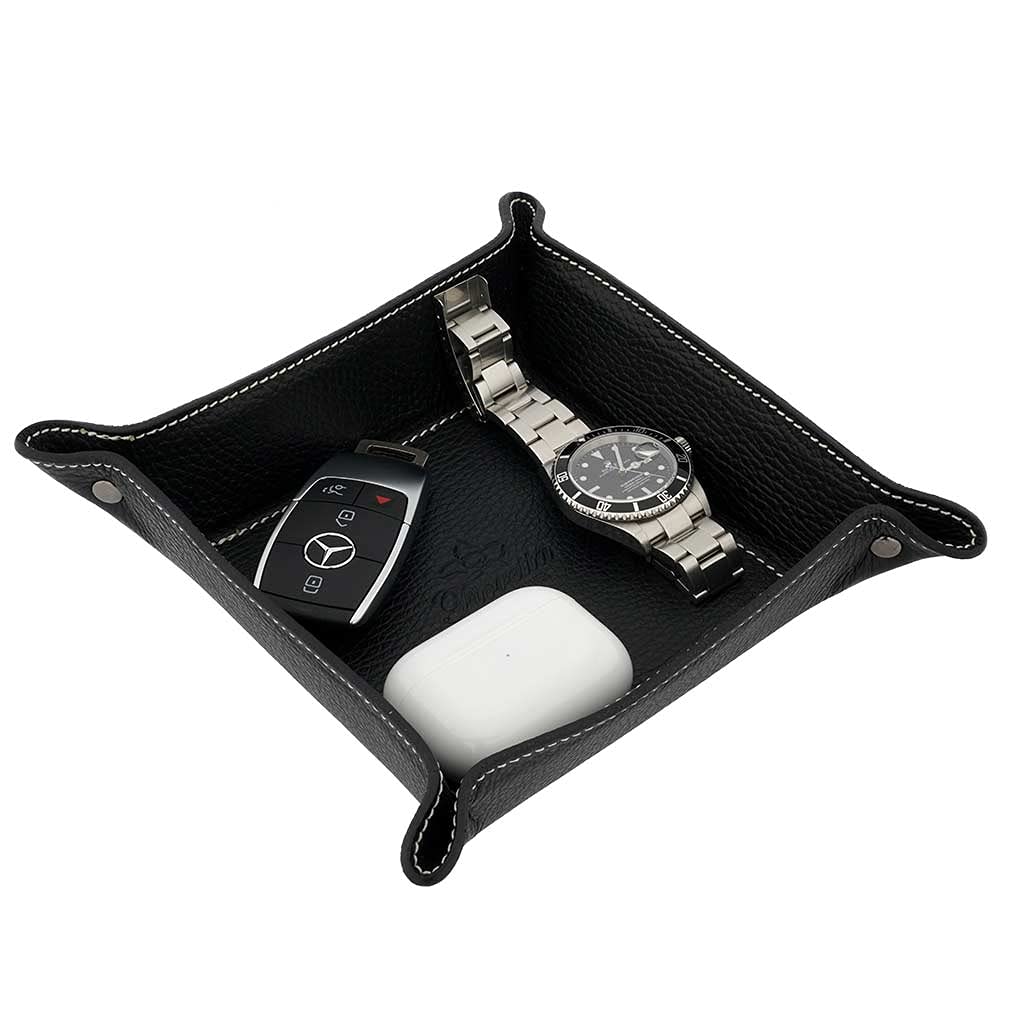Fioretta Italian Leather Organizer Valet Tray - Black