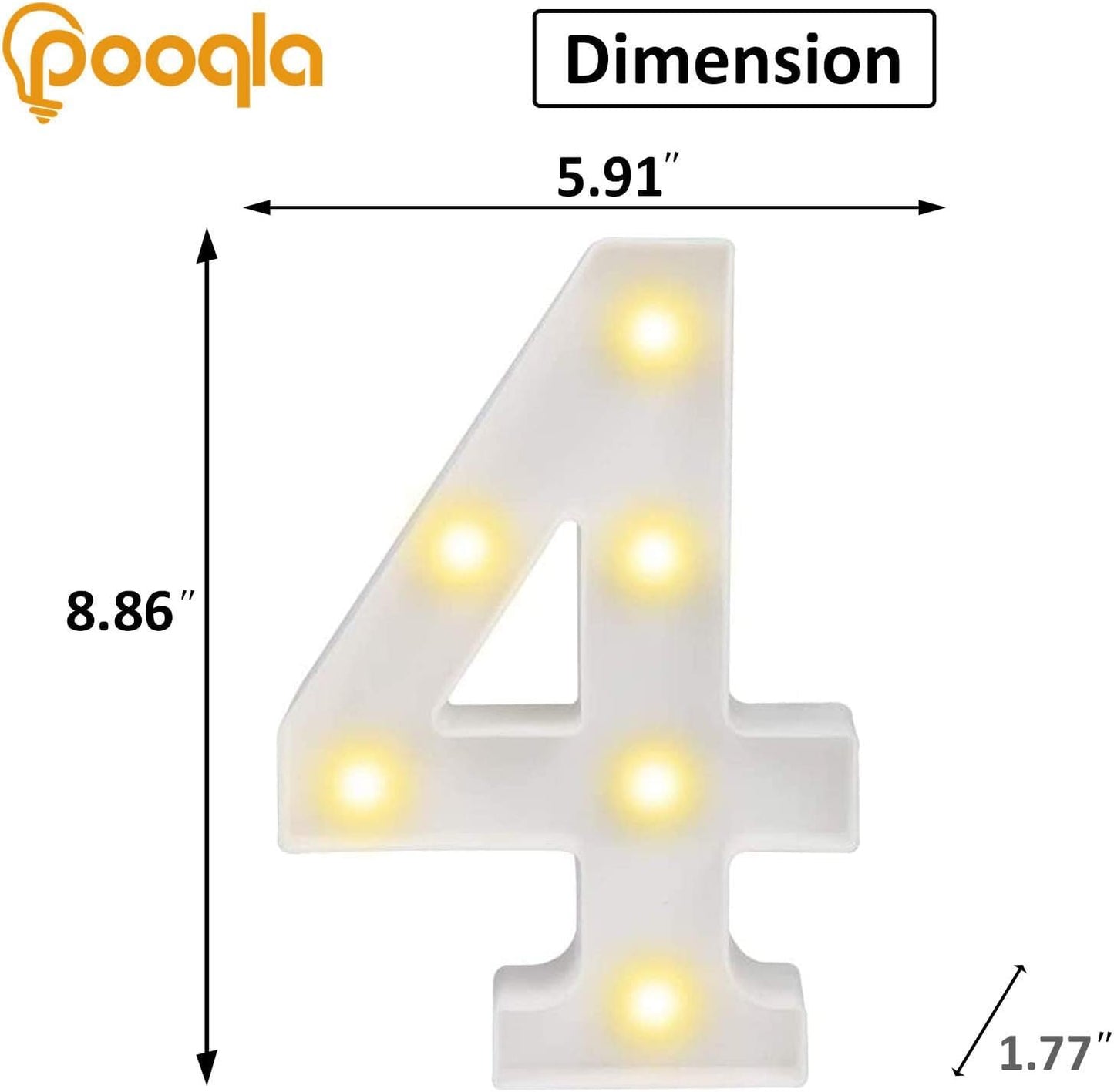 Pooqla LED Light Up Numbers, Marquee Number with Remote for 4th Birthday Decoration, Lighted Numbers Gift for Boys Girls Party Backdrop Wedding Anniversary Decor, Warm White and Cool White Number 4