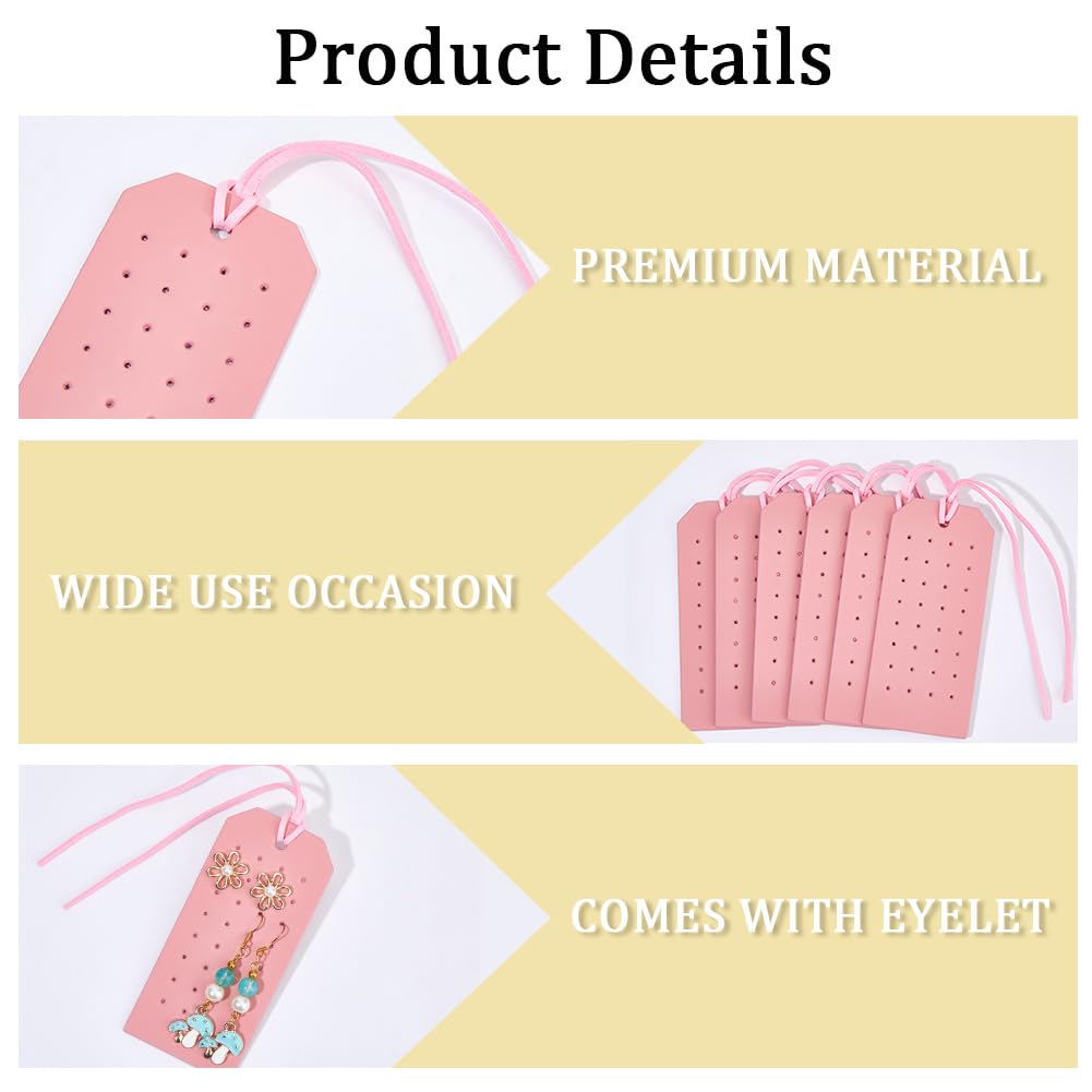 CALFOVERA 6Pcs Rectangle Pierced Stud Display Cards 32 Holes Portable PU Leather Earring Holders 4.3x2.2 Inch Earring Organizer Hanging Case with Cord for Women Travel Jewlery Storage (Pink)