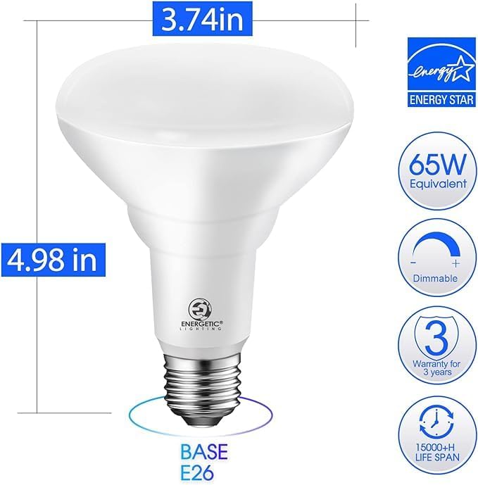 Energetic [Energy Star & CRI 90] 72 Pack LED Flood Light Bulbs BR30, 65W Equivalent, Dimmable, 5000K Daylight, 750lm, Indoor Flood Lights for Recessed Cans, UL Listed