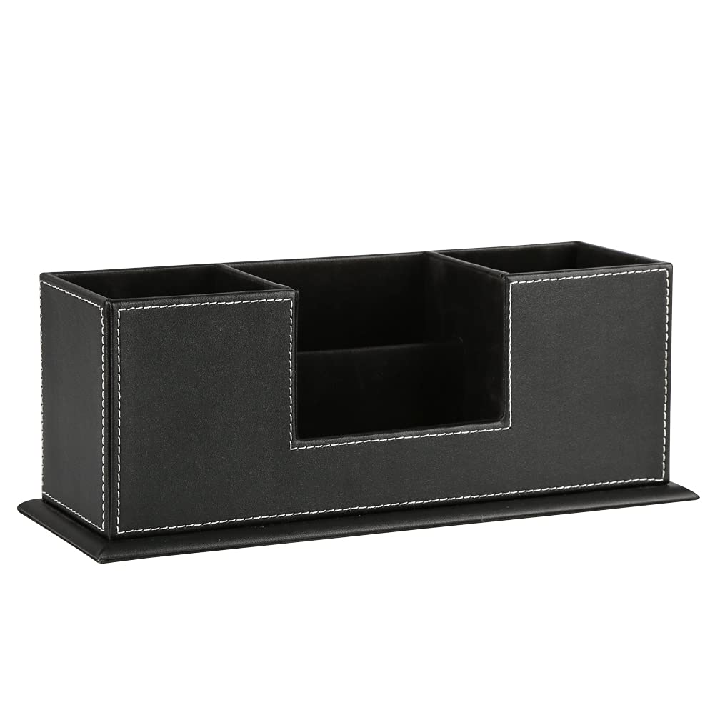 KINGFOM Office Supplies Desk Organizer PU Leather Storage Box 4 Divided Compartments for Pen Business Card Remote Control Mobile Phone Cosmetics Collection Holder (Black)