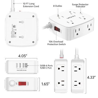 10 Ft Surge Protector Power Strip - YISHU 3 Side Outlet Extender with 8 Widely AC Outlets and 4 USB Ports, 10 Feet Extension Cord with Flat Plug, Wall Mount Desk USB Charging Station, ETL,White