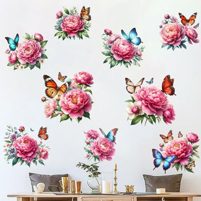 Cute Pink Peony Floral Butterfly Wall Stickers Decor Wall Decals Peel and Stick Flowers DIY Removable Funky Home Wall Art Decorations for Living Room Kitchen Bedroom Office