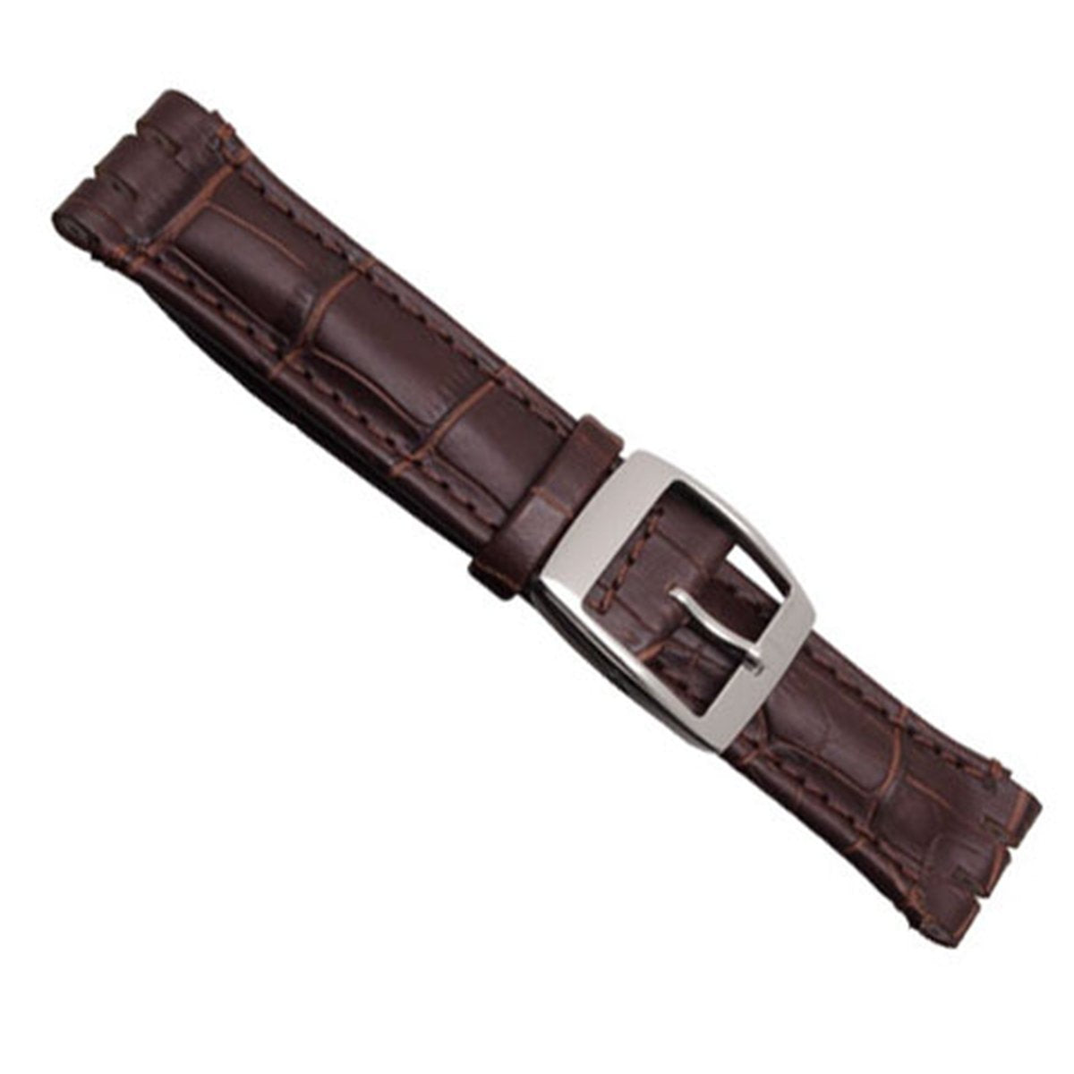 OliBoPo Alligator Grain Cow Leather Stainless Steel Buckle Watch Band Strap for Swatch (19mm, Brown)