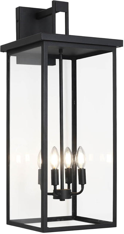 tewei 30In Large Size Square Outdoor Wall Lantern, Modern Black Outside Light for House Waterproof Porch Lights Outdoor Wall Sconce with Clear Glass Shade for Garage Porch Door, E12 Base (1 Pack)