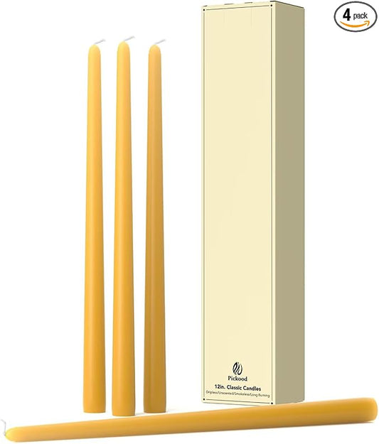 12-Inch Tall Dripless Taper Candles Set of 4 - Mustard Yellow Tapered Candles, Perfect for Spring - Smokeless, Unscented, Long Burning - Hand Poured, Colored Tall Candlesticks - Mustard