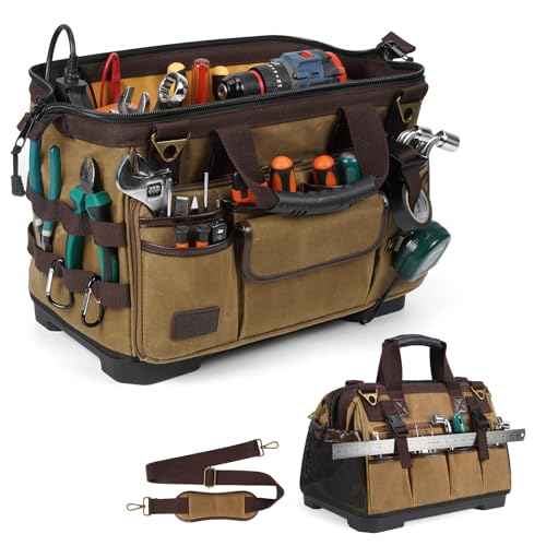 ARCFOX 16 Inch Large Electrician Tool Bags for Men Heavy Duty, 31 Pockets Vintage Waxed Canvas Tool Bag Storage Organizer with Waterproof Hard Bottom, Wide Mouth Portable Tool Bag for Mechanic,Plumber