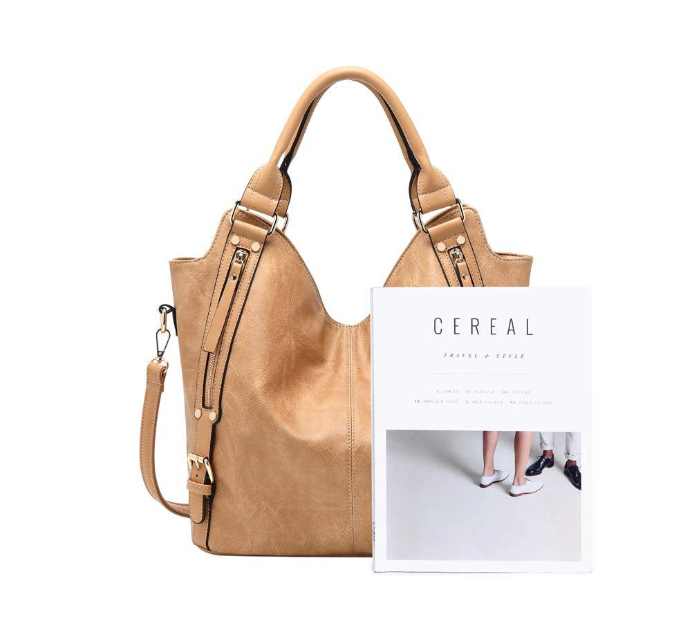 Women Tote Bag Handbags PU Leather Fashion Hobo Shoulder Bags with Adjustable Shoulder Strap (Apricot, M)