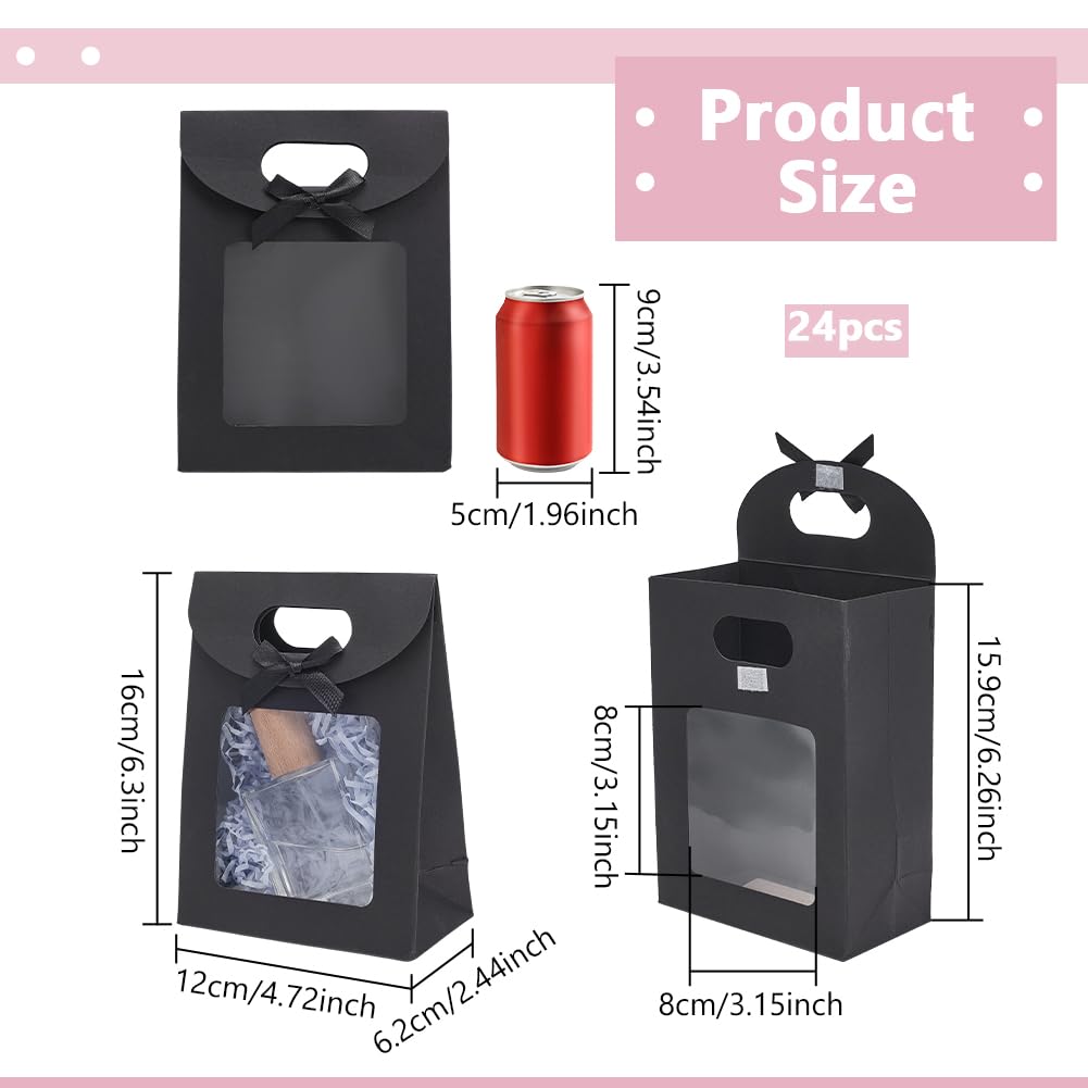 NBEADS 24 Pcs Black Kraft Paper Bags with Clear Window, Stand Up Gift Bag with Handles Small Gift Bag with Bowknot for Candy Cookies Packaging Wedding Christmas Party Store Retail