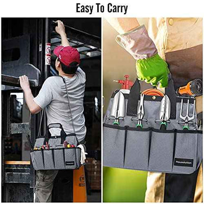Housolution Garden Tote Bag, 900D Gardening Tool Bag, Garden Tote Storage Bag with Pockets & Long Adjustable Shoulder Strap, Home Tools Organizer Garden Tool Kit Holder, Standable, 14 Inch, Gray