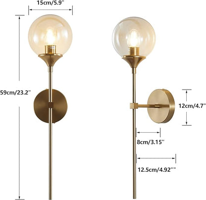 KCO Lighting Brushed Brass Gold Wall Mounted Sconce Mid Century Modern Wall Light Fixture Vintage Long Wall Lamp Amber Glass Wall Sconce Lighting Globe Round Wall Light (Amber)