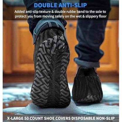200 Pcs Disposable Shoe Covers Non-Slip X-Large, Fits Men US 9-13 / Women US 10-12, Slip-Resistant Booties, Waterproof, Elastic Band, Non-Slip Silicone Sole, Reusable, Protects Floors-Black