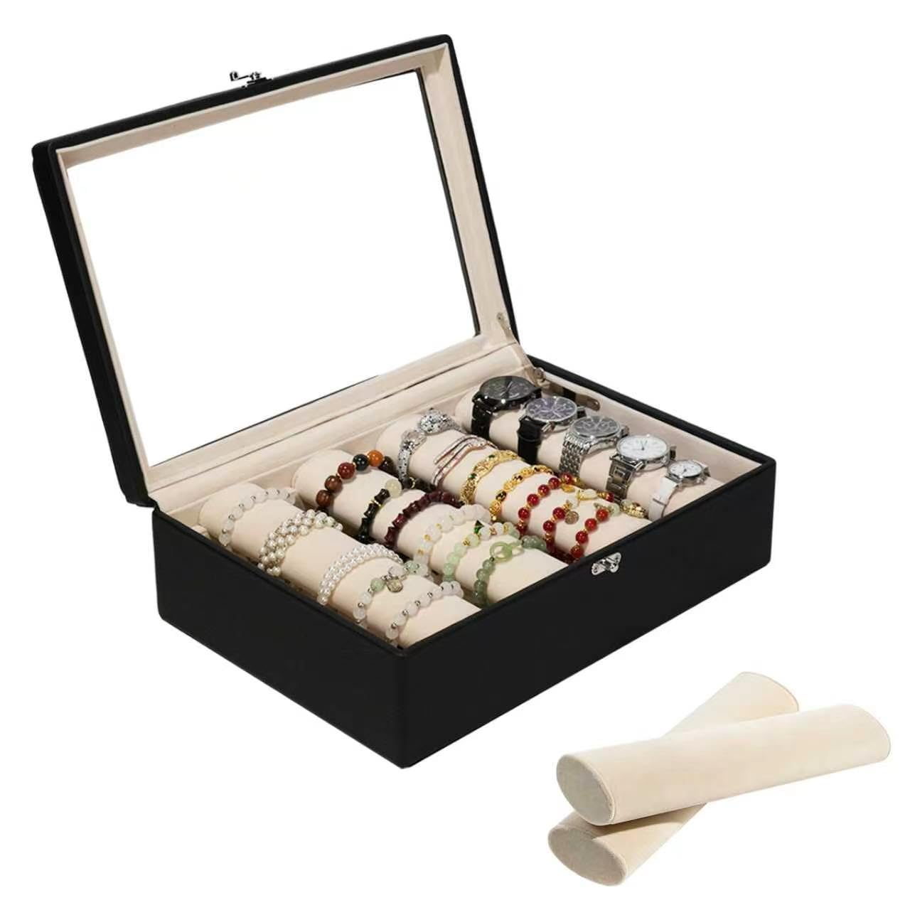 OrizeGe Jewelry Box with Glass Lid Bracelet Holder PU Leather for 4 Horizontal Rods Beige Velvet Watch Case for Women