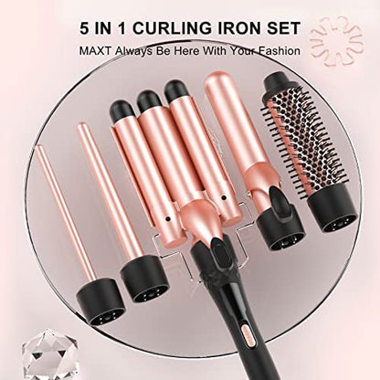 Maxt 5-in-1 Interchangeable Curling Iron Wand Set with 3 Barrels & Curling Thermal Brush | Ceramic Coated for Long-Lasting Curls, Waves Hair Curler (0.35-1.25 inch)