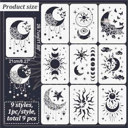 INFUNLY 9PCS/Set Sun Moon Wall Stencils for Painting 12x8 Mandala Tile Stencil Large Flower Star Concrete Floor Stencils Reusable Drawing Template for Painting Wood Canvas Furniture Patio Home Decor