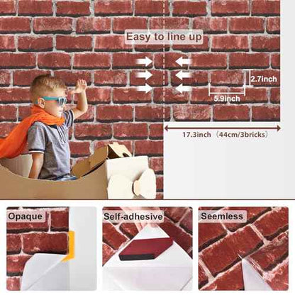 Red Brick Wallpaper Peel and Stick Contact Paper for Wall Faux 3D Brick Self Adhesive Contact Paper Rustic Removable Wallpaper for Fireplace Kitchen Bedroom Bathroom Waterproof 17.3inW 78.7inL
