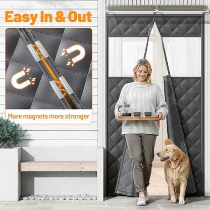 Magnetic Insulated Sliding Door Curtain Fits 72"x80" - Thermal French Door Cover for Winter with Clear Window, Patio Doors Insulation Kit & Doors Draft Stopper for Sliding Glass French Doorway - Black