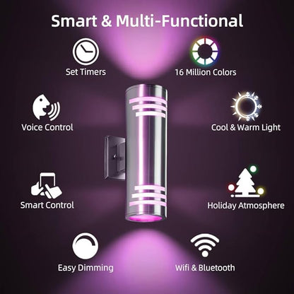 SHIMR Smart RGB Outdoor Wall Lights, WiFi LED Color Changing Exterior Sconce, APP Control Stainless Steel Porch Light Fixture with Remote for House Garage, No Hub Required Compatible with Alexa