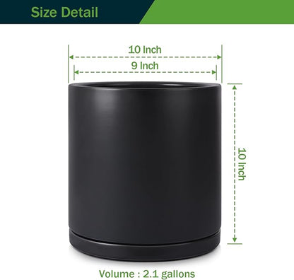 Kazeila Plant Pots Ceramic Planter for Indoor Outdoor Plants Flowers 10 Inch Matte Black Large Cylinder Flower Pot with Saucer and Drainage Hole,Glazed Finish Interior and Exterior