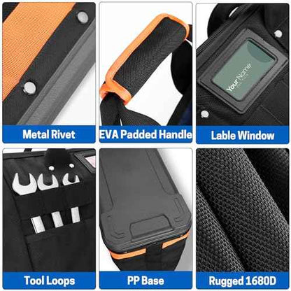 Wide Mouth Tool Bag, 16 Inch Heavy Duty Tool Bag with Waterproof Plastic Bottom, Multiple Purpose for Plumbers, Electricians, Handymen
