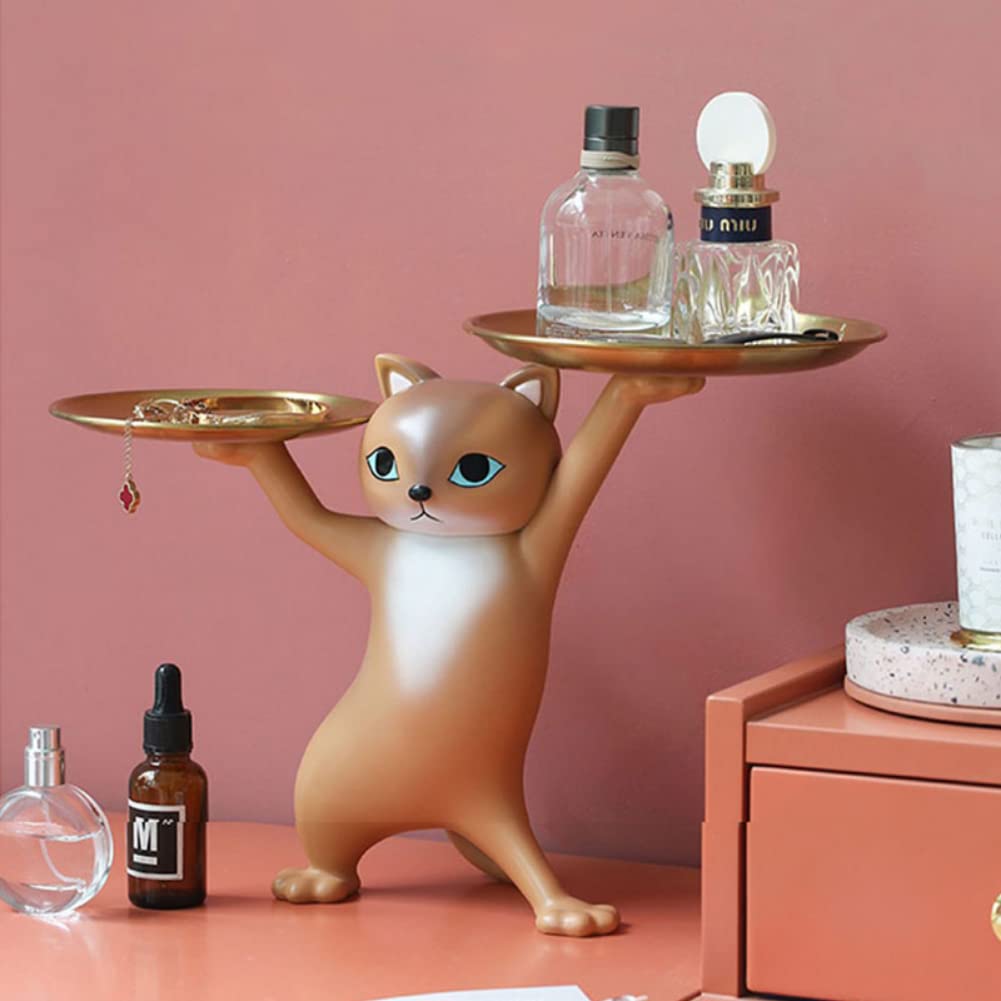 Slowtee Resin Cat Decorative Tray Figurine, Enchanting Dancing Funny Statue for Home/Bedroom/Office Entrance Table Decor, Sculpture for Candy/Snacks/Key/Gadgets Storage (Brown)