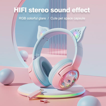 PHNIXGAM Cute Cat Bluetooth Headphones, Wireless & Wired Mode Headset with Mic, RGB LED Light, for Girls Women School Gaming, Compatible with Mobile Phones Tablet (Pink Blue)