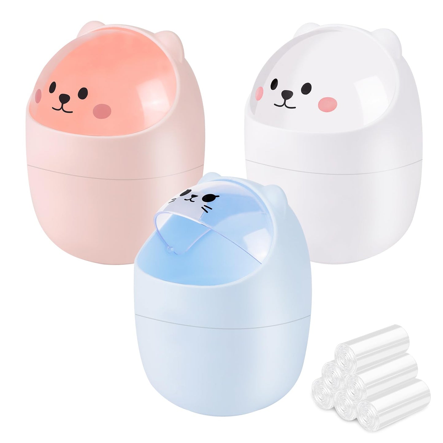 SHAIDOJIO 3 Pack Cute Mini Trash Can, Desktop Trash Can with Lid, Small Garbage Can with 180 Trash Bags, Tiny Countertop Wastebasket for Kids, Kawaii Waste Bin for Office Bedroom Bathrooms Desk Car