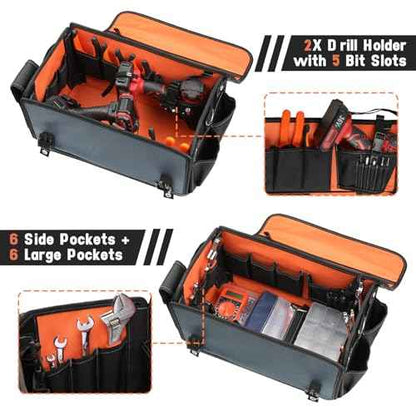 Heavy Duty Tool Bag with Wide Mouth, Full-Open Tool Bag, Tool Box Organizer Storage, Tool Tote with Adjustable Shoulder Strap, Portable, Waterproof, Multi-Pockets, Molded Base, Blue-grey