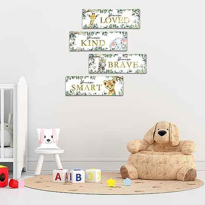 4 Pieces Kids Room Wall Decor Wooden Sign, 11.8" x 3.9" Jungle Animals Motivational Wall Art for Kids Room Nursery Playroom Classroom, You are Loved/Brave/Kind/Smart-A06