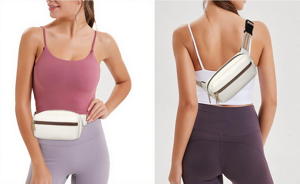 FOXLOVER Small Leather Fanny Packs for Women Waterproof Belt Bag Crossbody Sling Chest Bag Designer Mini Travel Purse(White)