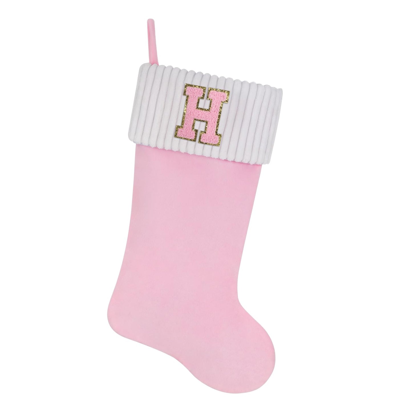 Shgngle 20 Inches Letter Embroidered Christmas Stocking,Personalized Pink Velvet Christmas Stocking,Family Holiday Decorations and Xmas Gift(H)
