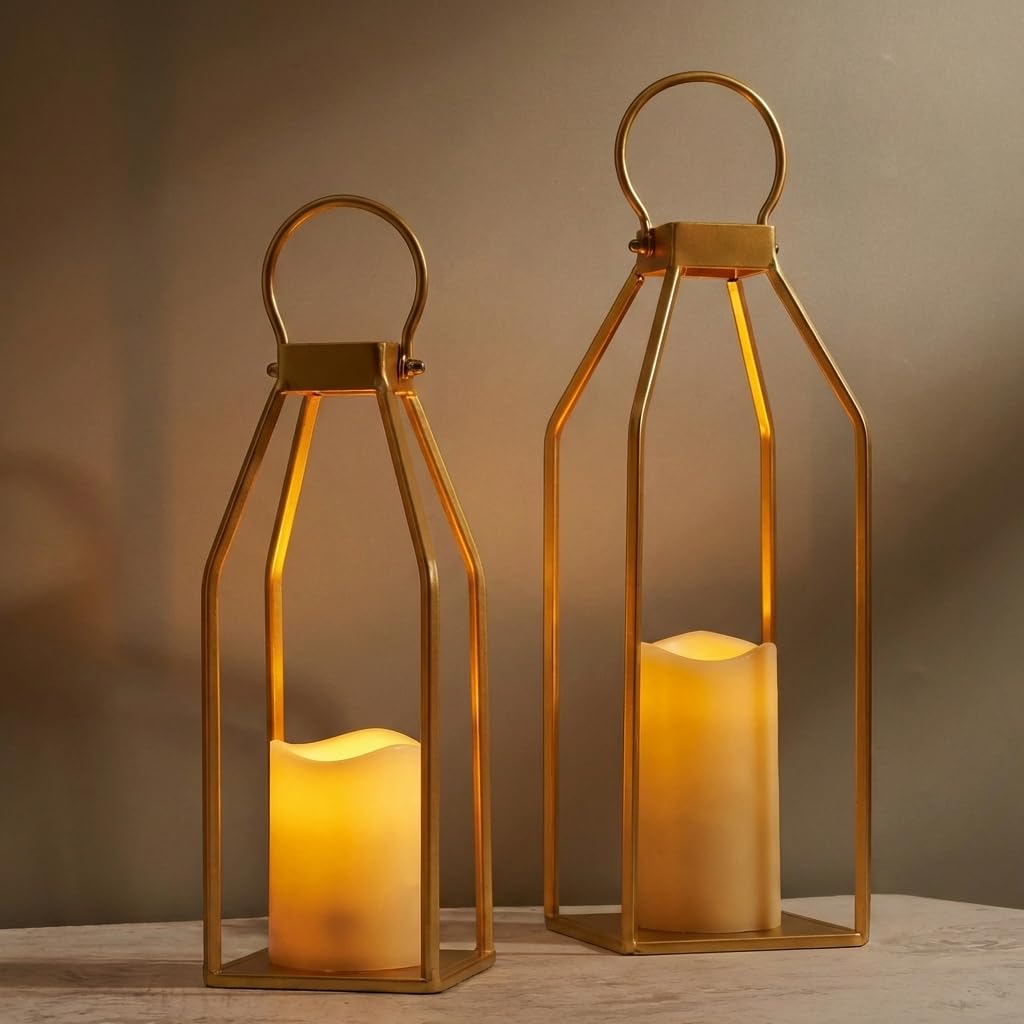 Perfnique Modern Farmhouse Lantern Decor, 15'' 12.6'' Set of 2 Gold Metal Lanterns, 2 LED 6hr Timer Flameless Candles ＆ Remote Timer, Lanterns Decorative for Outdoor, Porch, Fireplace, Patio