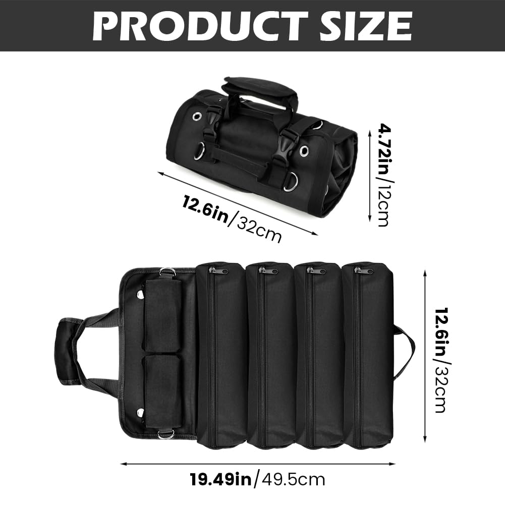 Roll Up Tool Bag, Heavy-Duty Waterproof Tool Roll Organizer with 4 Compartments and 2 Detachable Zipper Pouches, Compact Tool Storage for Mechanics, Electricians, RV and Motorcycle (Black)