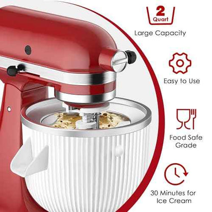 Ice Cream Maker Attachment for KitchenAid Mixers, Fits KitchenAid 4.5/5QT & 6QT Stand Mixers, Frozen Ice Cream & Sorbet Gelato Maker for KitchenAid, 2 Quart, White(Machine/Mixer Not Included)