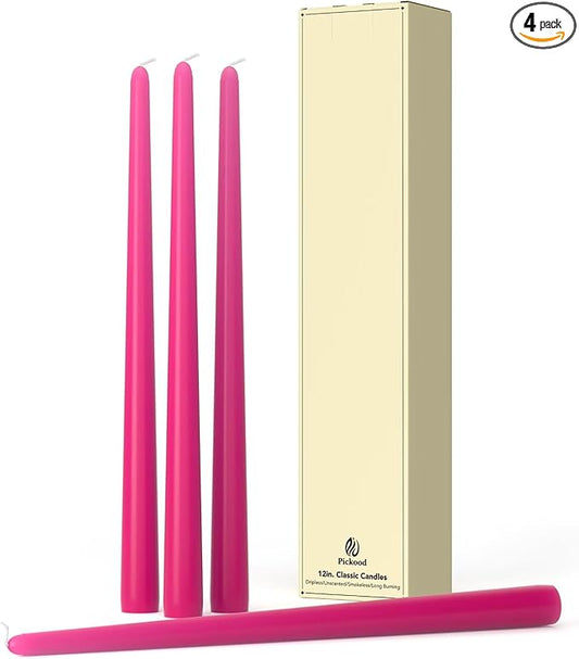 12-Inch Tall Dripless Taper Candles Set of 4 - Hot Pink Tapered Candles, Perfect for Spring - Smokeless, Unscented, Long Burning - Hand Poured, Colored Tall Candlesticks - neon Pink